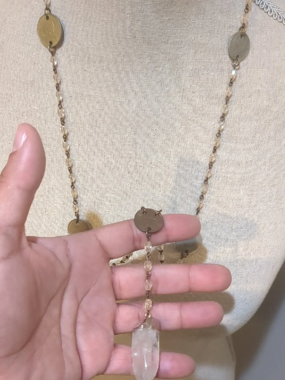Julio Coin Long Gold-Tone Disc Pendant Necklace with White Drop